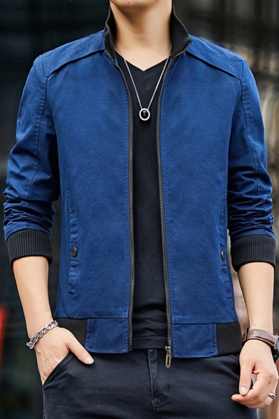 Chic Mens Jacket Contrast Trim Panel Plaid-Lined Zipper up Turn-down Collar Long Sleeve Slim Fitted Varsity Jacket