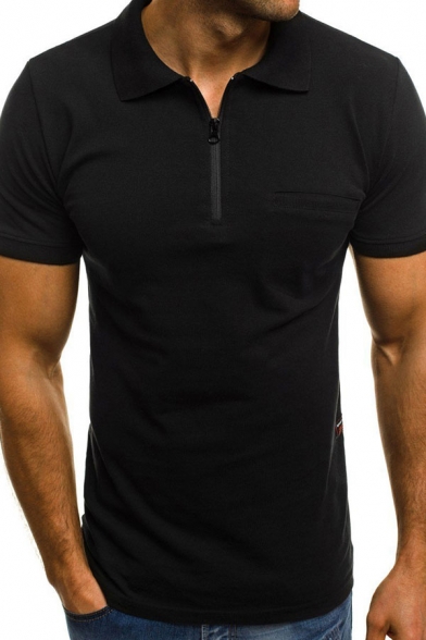 Chic Polo Shirt Solid Color Zipper Patched Detail Spread Collar Short Sleeve Chest Pocket Slim Fit Polo Shirt for Men