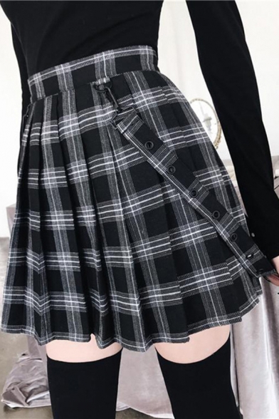 

Chic Womens Plaid Printed High Waist Strap Decoration Mini A-line Pleated Skirt, Black;blue;brown;burgundy;purple, LC701537