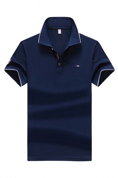 Classic Mens Polo Shirt Striped Tape Embellished Button Detail Turn-down Collar Slim Fit Short Sleeve Polo Shirt