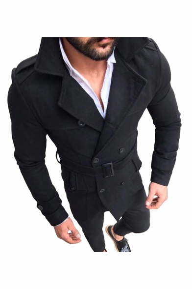 Classic Mens Trench Coat Solid Color Woolen Epaulets Buckle Belted Button Detail Notched Lapel Collar Slim Fitted Long Sleeve Trench Coat