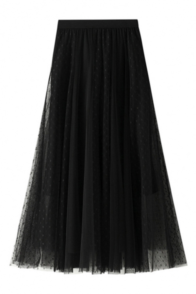 Classic Womens A-Line Skirt Polka Dot Mesh High Elastic Waist Midi A-Line Skirt