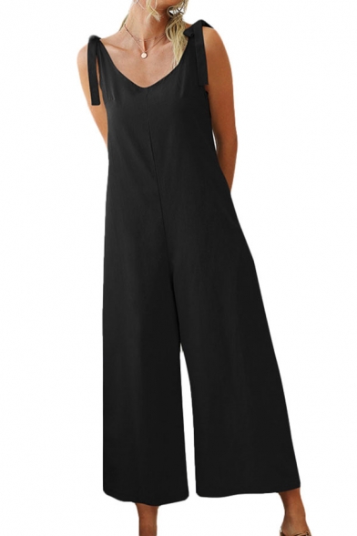 Classic Womens Jumpsuits Plain Backless Knot Strap V-Neck Loose Fitted Sleeveless Cropped Wide Leg Jumpsuits