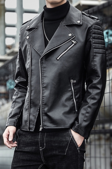 Cool Mens Jacket Quilted Detail Epaulets Wide Lapel Zipper up Front Slim Fitted Long Sleeve Leather Jacket