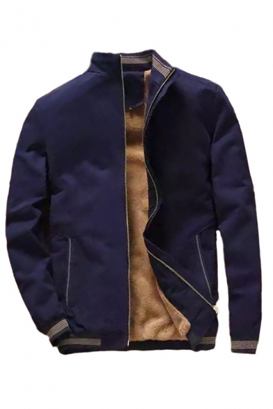 Cool Mens Jacket Stripe Trim Lined Button Detail High Neck Regular Fit Long Sleeve Varsity Jacket