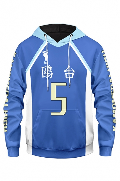 Cosplay Number Japanese Letter Footprint Graphic Contrasted Long Sleeve Drawstring Pouch Pocket Loose Hoodie in Blue