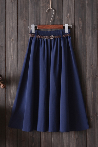 Dressy Skirt Solid Color Pleated Belted High Waist Elastic Maxi A-Line Skirt for Ladies