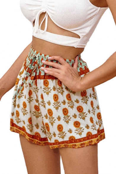 Ethnic Girls Allover Flower Printed Drawstring Waist Relaxed Fit Shorts in White