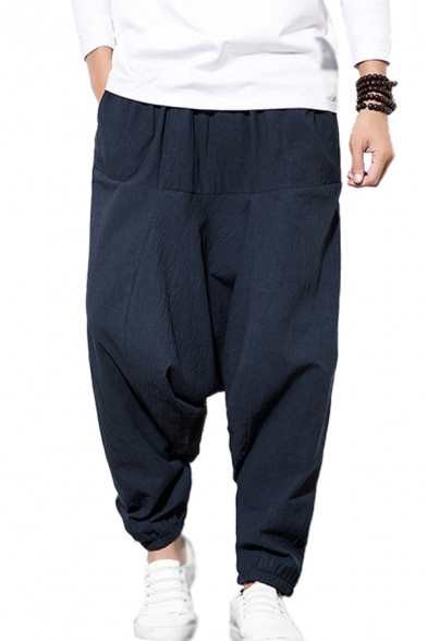 Fashion Mens Linen and Cotton Mid Rise Solid Color Long Harem Pants