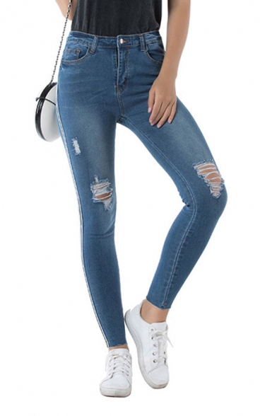 

Fashion Womens Jeans Contrast Side Distressed Medium Wash Full Length Zip Placket High Rise Skinny Pocket Jeans, Blue, LM695283