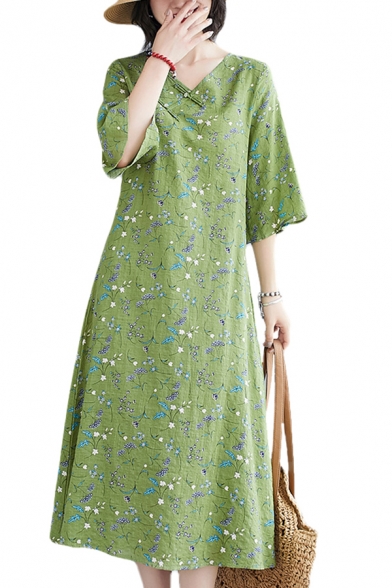 Fashion Womens Linen and Cotton 3/4 Sleeve V-neck Frog Button Mid A-line Dress in Green