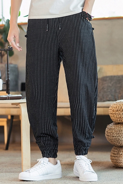 Fashionable Mens Linen Stripe Printed Drawstring Waist Cuffed Ankle Length Carrot Fit Pants