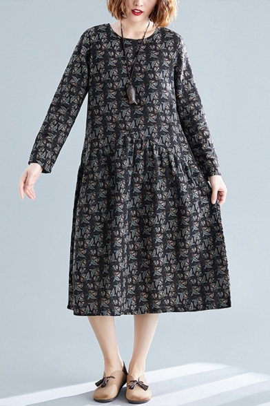 Ladies Fashion Linen and Cotton All-over Floral Printed Long Sleeve Crew Neck Mid Swing Dress