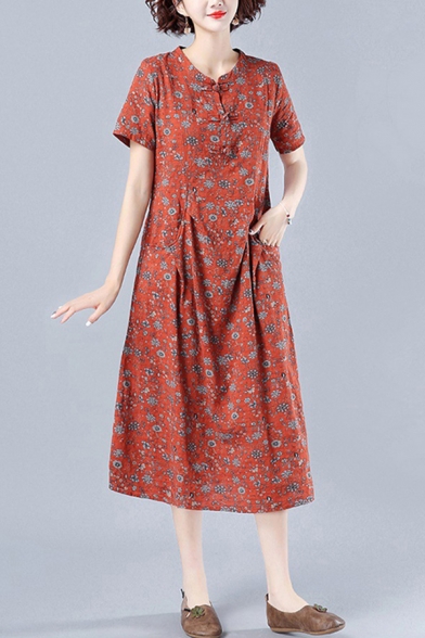Leisure Womens Ditsy Floral Printed Frog Button Front Pocket Collarless Short Sleeve Oversize Midi Swing Dress