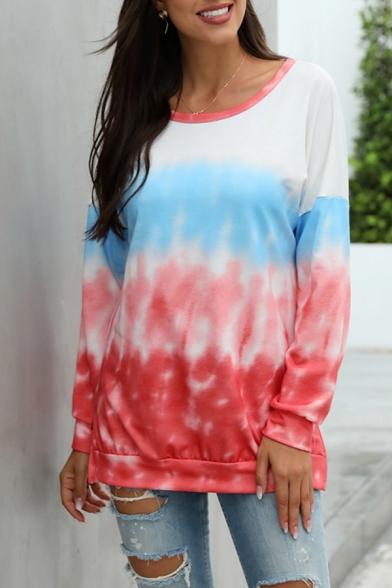 Womens Tie Dye Printed Long Sleeve Sweatshirt Round Neck Casual Loose Pullover Tops Shirts