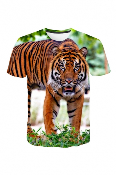 Mens 3D T-Shirt Simple Tiger Grass Printed Crew Neck Short Sleeve Regular Fitted T-Shirt