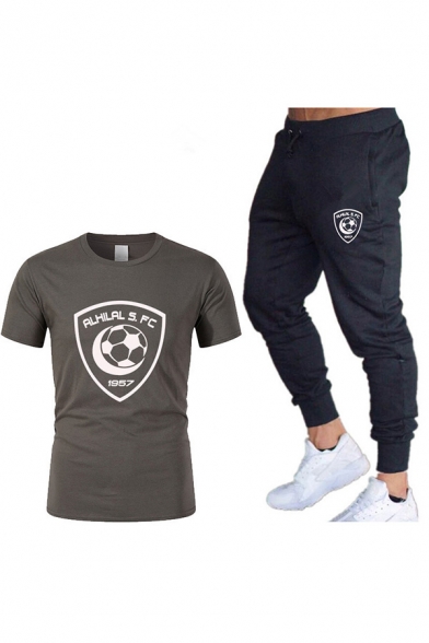 Mens Fashion Clover Logo Printed Casual T-Shirt with Joggers Sweatpants Two-Piece Set