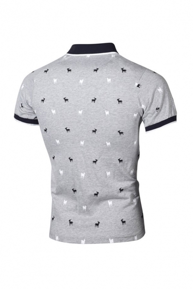 Mens Fashion Polo Shirt Animal Goat Print Spread Collar Contrast Trim Button Short Sleeves Slim Fit Polo Shirt