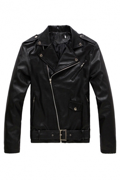 Mens Jacket Chic Buckle Belted Notched Lapel Collar Oblique Zipper Long Sleeve Regular Fit Leather Jacket
