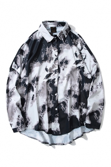 Mens Shirt Stylish Ink Splatter Painting Spread Collar Button-down Curved Hem Relaxed Fit Long Sleeve Shirt