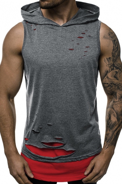 Mens Tank Top Trendy Double Layer Hole Detail Sleeveless Slim Fitted Hooded Tank Top