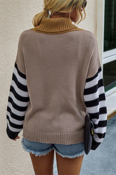 New Fashion Black and White Striped Long Sleeve Colorblock Turtleneck Loose Chunky Knit Pullover Sweater