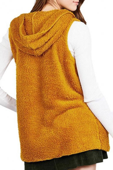 New Trendy Solid Hooded Sleeveless Double-Face Warm Fluffy Vest Coat
