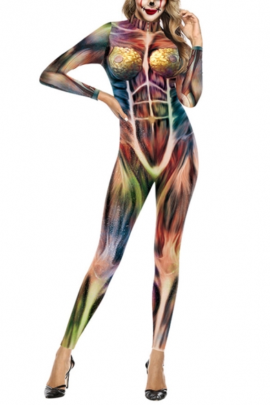 Novelty Womens 3D Jumpsuits Human Muscle Organ Pattern Slim Fitted Mock Neck Long Sleeve 7/8 Length Jumpsuits