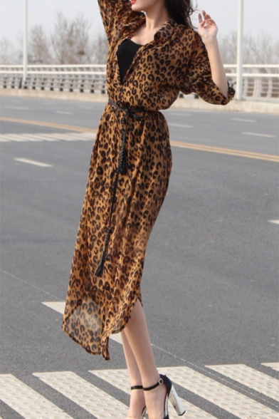 Popular Leopard Printed Long Sleeve Gathered Waist Slim Fit Longline Hooded Trench Coat Dress
