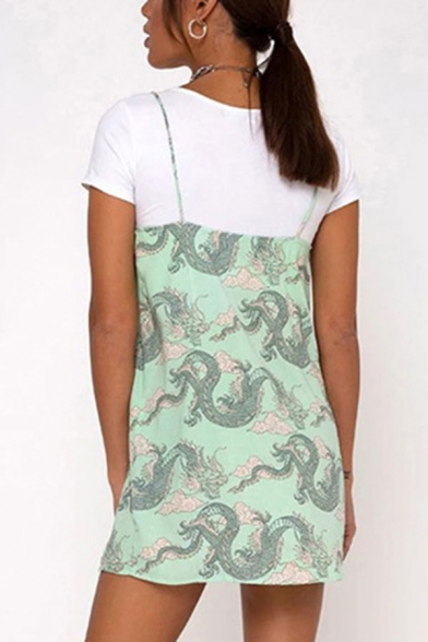 Retro Allover Dragon Pattern Spaghetti Straps Slit Side Short Sheath Cami Dress for Girls