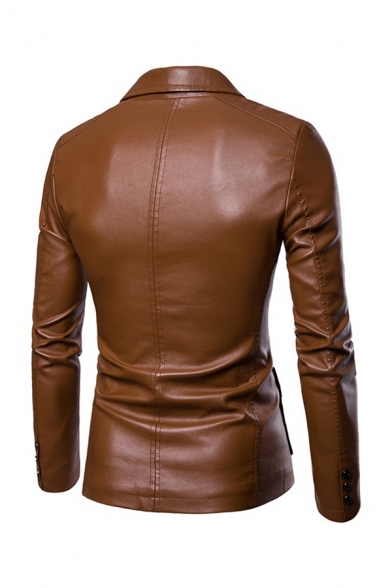 Retro Mens Jacket Notch Collar Button Detail Slim Fitted Long Sleeve Leather Jacket with Pockets