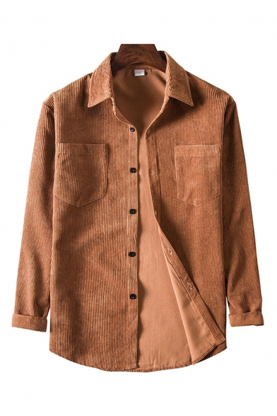 Retro Mens Shirt Plain Corduroy Curved Hem Spread Collar Button-down Regular Fit Long Sleeve Shirt with Chest Pockets