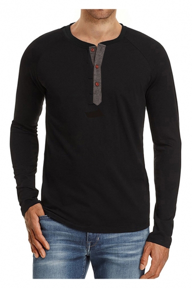 Retro Mens Tee Top Button Detail Long Sleeve Round Neck Slim Fitted Tee Top