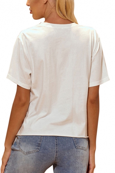 Simple Girls Ripped Short Sleeve Crew Neck Straps Asymmetric Hem Loose Fit T Shirt in White