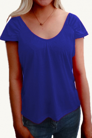 Simple Womens Solid Color Scoop Neck Short Sleeve Relaxed Fit Tee Top