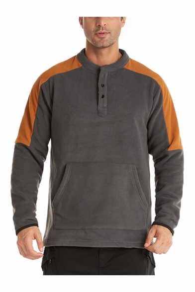 Stylish Men's Pullover Sweatshirt Color-block Kangaroo Pocket Raglan Long Sleeves Henley Neck Button Fitted Pullover Sweatshirt