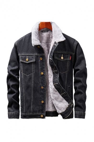Trendy Men's Jacket Contrast Stitching Lined Long Sleeves Acid Wash Button Closure Pocket Spread Collar Fitted Denim Jacket