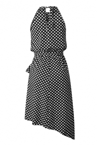 Trendy Polka Dot Printed Bow Tie Waisted Ruffle Hem Sleeveless Halter Midi Asymmetric Black Dress for Women