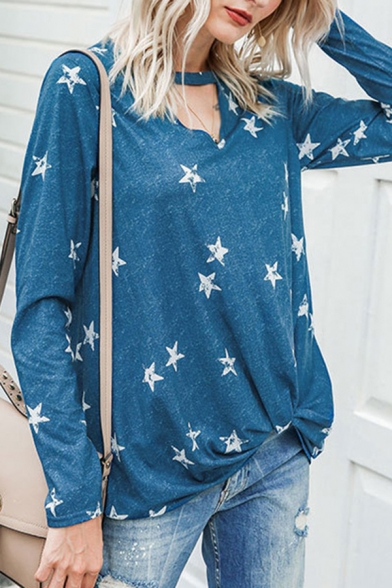 Trendy Womens All over Printed Twist Hem Keyhole Neckline Long Sleeve Relaxed Tee Top