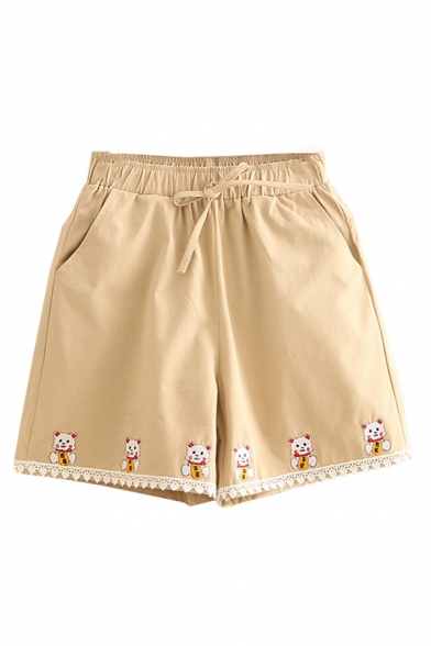 Unique Shorts Cat Embroidery Lace Pocket Drawstring High Rise Loose Fitted Shorts for Women