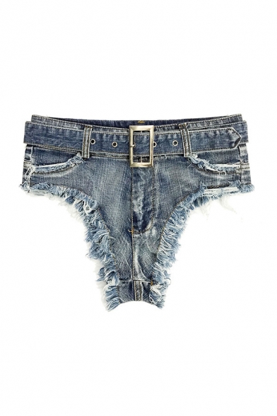 Women's Fancy Shorts Top-stitching Belt Frayed Hem Zip Fly Medium Wash Mini High Rise Slim Fit Shorts