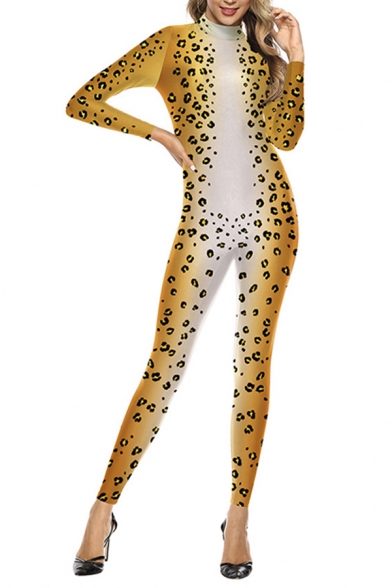 Womens 3D Jumpsuits Simple Leopard Skin Printed Long Sleeve Slim Fitted Mock Neck Ankle Length Jumpsuits