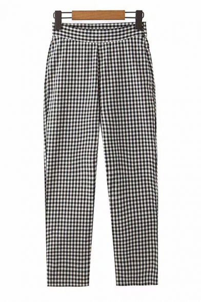 Womens Pants Fashionable Gingham Pattern Invisible Zipper Ankle Length Loose Fit Tapered Relaxed Pants
