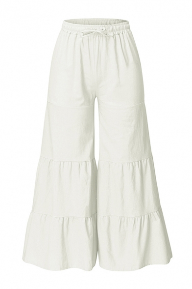 Womens Pants Unique Plain Paneled Cotton Linen High Drawstring Waist Loose Fit Full Length Wide Leg Pants