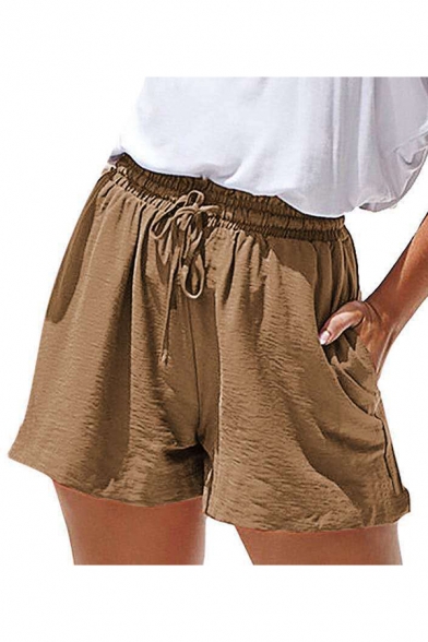 Womens Shorts Chic Solid Color Linen Loose Fitted Drawstring Waist Relaxed Shorts