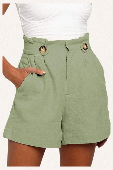 Womens Shorts Fashionable Plain Cotton Linen Wide Leg Button Detail Pleated Loose Fitted Relaxed Shorts