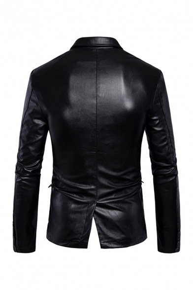 Basic Mens Jacket Solid Color Button down Split Back Lapel Collar Long Sleeve Slim Fitted Leather Jacket