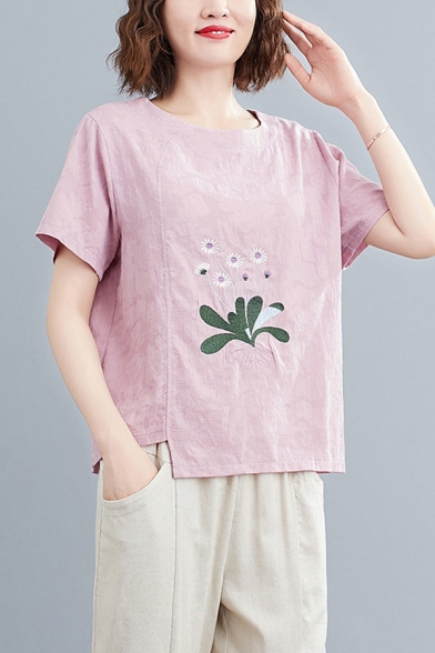 Casual Womens Flower Embroidered Short Sleeve Crew Neck Linen and Cotton Asymmetric Relaxed T Shirt