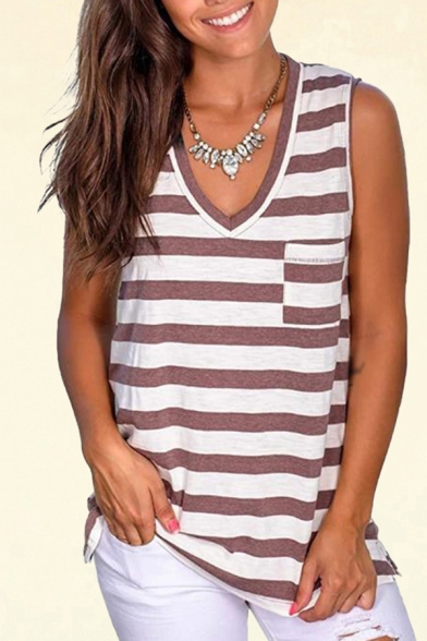 Casual Womens Striped Printed Chest Pocket V Neck Sleeveless Loose Tank Top