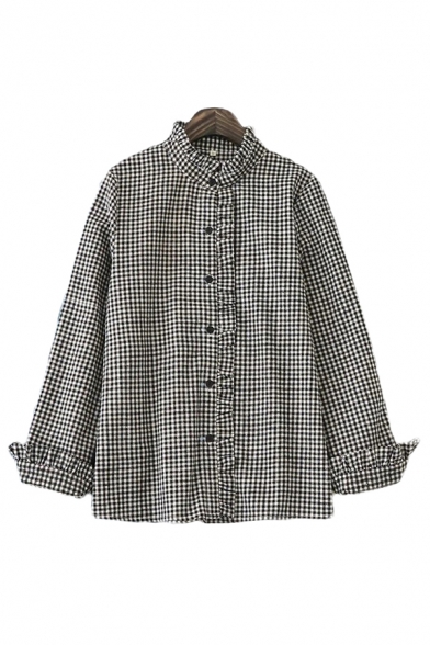 Chic Girls Checkered Long Sleeve Stringy Selvedge Long Sleeve Stand Collar Button-up Relaxed Fit Shirt Top in Black